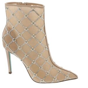 NWT Betsey Johnson Larkk Nude Mesh Crystal Pearl Embellished Ankle Bootie SZ 10
